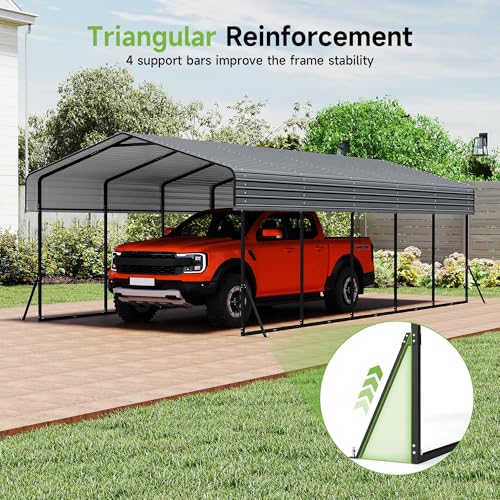 Image of Heavy Duty Metal Carport, 13x26FT Carport Canopy with Galvanized Steel Roof and Reinforced Frame, 2 Support Rods, Outdoor Garage Car Shelter Shade for Cars, Boats and Truck, Party, Gray