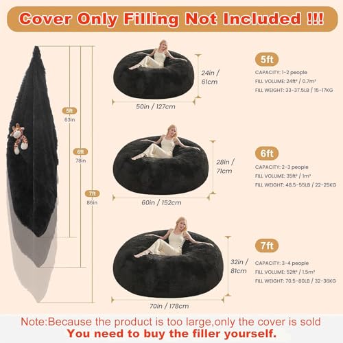 Bean Bag Cover (No Filler), Faux Fur Comfy Bean Bag Covers for Adults, Washable Beanbag Chair Cover, Fluffy Plush Giant Bean Bags Chairs Covers for Teens Kids Girls, Anti-Slip, 5FT, Black