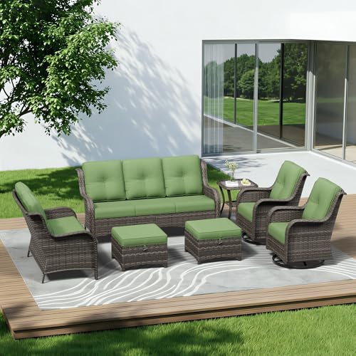 Image of 7 Piece Outdoor Wicker Patio Furniture Set, Outdoor Swivel Rocker Patio Chairs Set with Thickened Olefin Cushions, High Back and Deep Seating, Hand-Woven PE Rattan for Porch, Deck