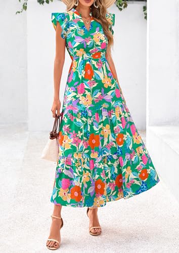 Image of PRETTYGARDEN Women's 2026 Summer Floral Midi Dress Cap Sleeve V Neck Ruffle Long Flowy Boho Casual Beach Vacation Dresses