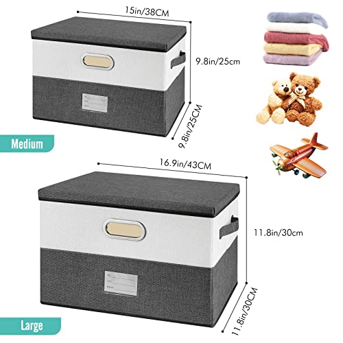 Image of Large Linen Fabric Foldable Storage Bins with Removable Lid and Handles, Washable Storage Box Organizer Containers Baskets Cube with Cover for Bedroom,Office (Turquoise&Cream, Medium(2-Pack))