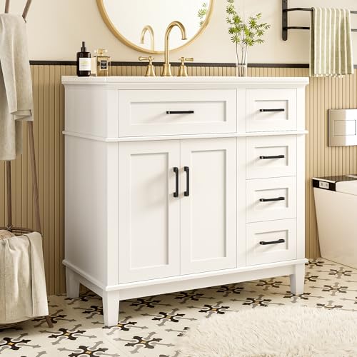 Merax Armoire de salle de bain à poser au sol avec lavabo, armoire sur pied, double porte d'armoire, pieds en bois massif, lavabo en céramique intégré,...