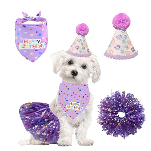 KASESSS 3 Piezas Juego de Bandana para Cumpleaños de Perros, Gorro de Cumpleaños para Perro, Brillante Cumpleaños Disfraz de Fiesta para Perro, Decoración para Perros pequeños y medianos, Púrpura