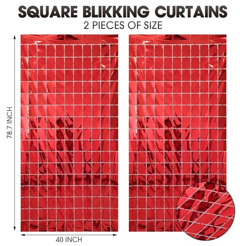 Image of 2 Pcs Red Foil Fringe Square Curtain Backdrop - Red Streamers Party Decorations, Sequin Square Curtain Photo Backdrop Props for Graduation Party Bachelorette Birthday Wedding Decor, 3.3 x 6.6 Ft