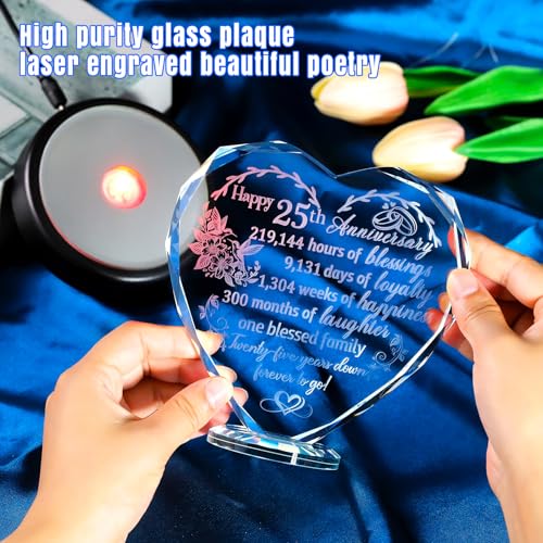 Arikyrist Happy 25th Wedding Anniversary Love Gifts for Her 25th Heart Anniversary Glass Keepsake Collectible with LED Base 25 Years Anniversary Presents for Women Wife Couples - Image 4