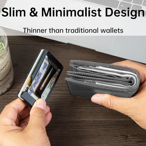 Image of Minimalist Carbon Fiber Wallet for Men, Money Clip Cash Strap Wallet, RFID Blocking Metal Wallet Aluminum Card Holder,Front Pocket Wallet(Matte Grey)
