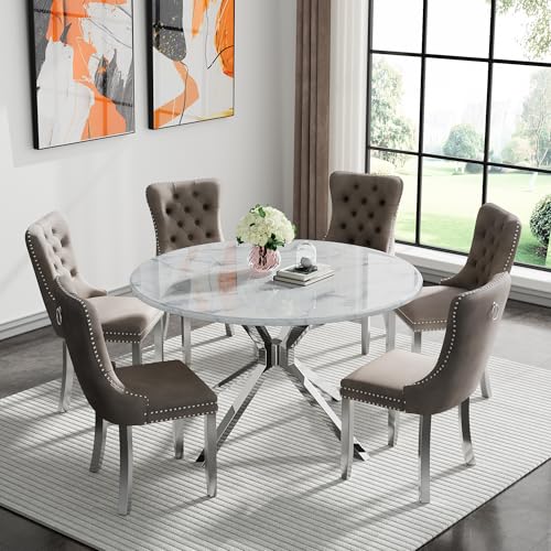 Image of 7-Piece Round Dining Table Set for 6, Modern Faux Marble Kitchen Table and Grey Velvet Chairs Set of 6, Luxury 45 inch Circle White Silver Dining Room Tables with Stainless Steel Cross Legs