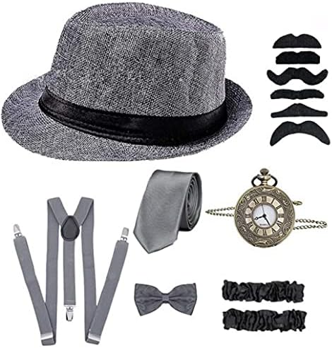 Goodern 1920S Mens Gatsby Gangster Accessories Set Panama Hat Pocket Watch Suspender Bow Tie Fedora Costume Accessory