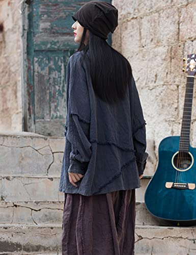 NFYM Women Cotton Linen Shirt Long Sleeve Distressed Frayed Patchwork Irregular Button Down Casual Loose Tunic Tops3