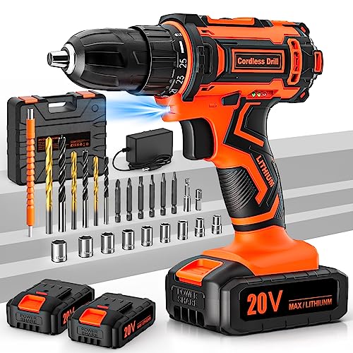 FAHEFANA Cordless Drill, 20V Drill Set, 2 Batteries 2000mAh, Electric Screwdriver, 42Nm Electric Power Drill Driver, 25+1 Torque, 2 Speed, LED Light, 24 Accessories, Battery Combi drill for Home & DIY