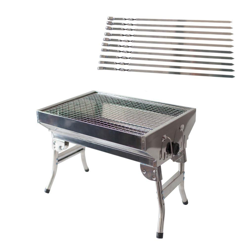 Mangal, pescatore antiruggine con gambe pieghevoli + 10 spiedini in acciaio inox, barbecue a carbonella, portatile, compatto, barbecue