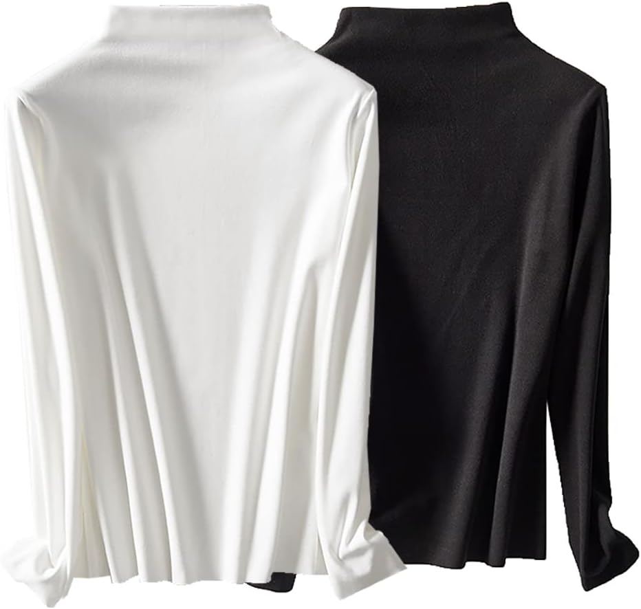 2 Pack Women's Slim Fitted Turtleneck Tops Long Sleeve Soft Polyester Lightweight Base Layer Shirts