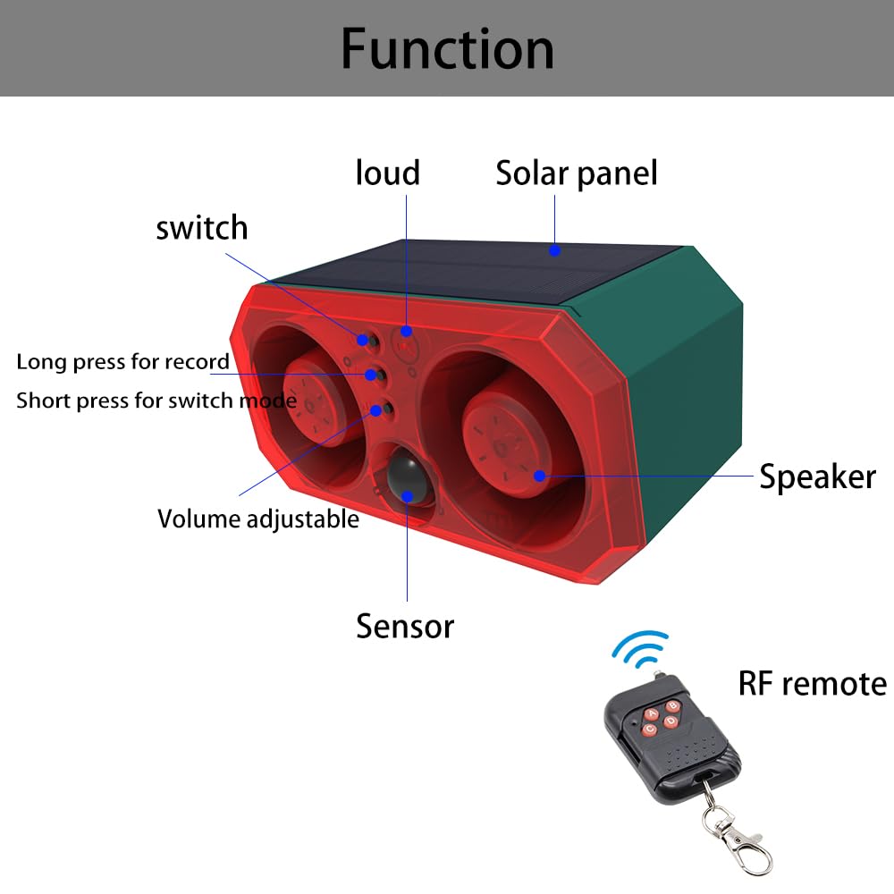 Solarny czujnik ruchu na zewnątrz, alarm – szczeka psa i strzały, 2 x 130 dB, głośny budzik, obsługa nagrywania, światło stroboskopowe, pożegnaj się z intruzami