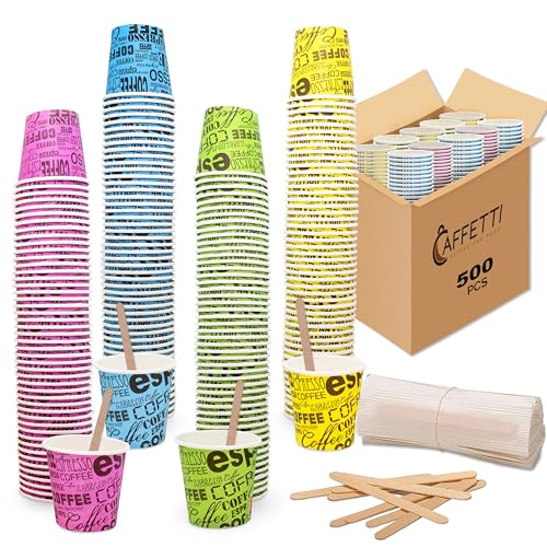 Caffetti Set 500 Bicchierini Caffè + 500 Palette - Bicchieri 75 ml 2,5 oz in Carta Colorati e Palettine Usa e Getta Riciclabili, per Ristoranti, Ufficio, Asporto, Bar, Espresso