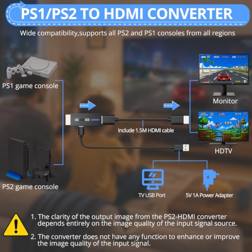 Image of CAMWAY HDMI Cable Adapter for PS2 PS1 Console,4:3 /16:9 Ratio on 1080P TV | PS2 to HDMI Converter,Plug&Play, Converts AV Signal to HDMI Video Audio for PS2 PS1 Console Retro Game and TV /Monitor,No Lag