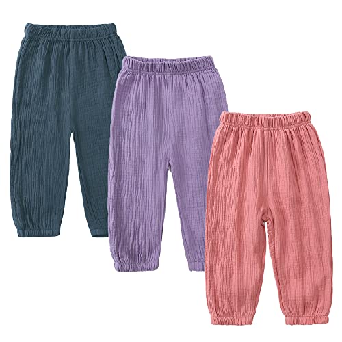 Unisex Kids Cotton Linen Long Pants 3Packs Boys Girls Summer Elastic Waist Sweatpants Pull On Trousers