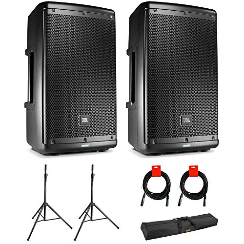 JBL EON610 Two-Way 10\" 1000W Powered Portable PA Speaker, Bluetooth (Pair) Bundle with 2x Speaker Stand, 2x XLR Cable & Stand Bag