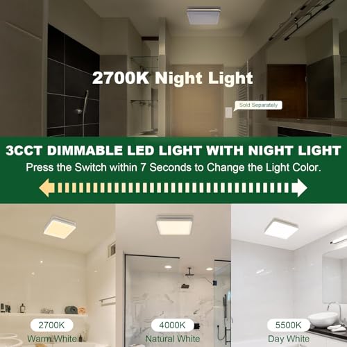 Akicon Bathroom Exhaust Fan Light con Interruptor de Humedad, Ventilador para Techo de Baño 80CFM 2.0 Sones, 15W Luces LED Regulables 3CCT y Luz Nocturna 3.5W, Cuadrado, Blanco miniatura 2