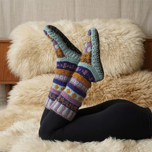 Image of Tibetan Socks Hand Knit Wool Fleece Lined Long Slipper Socks with Non Slip Soles