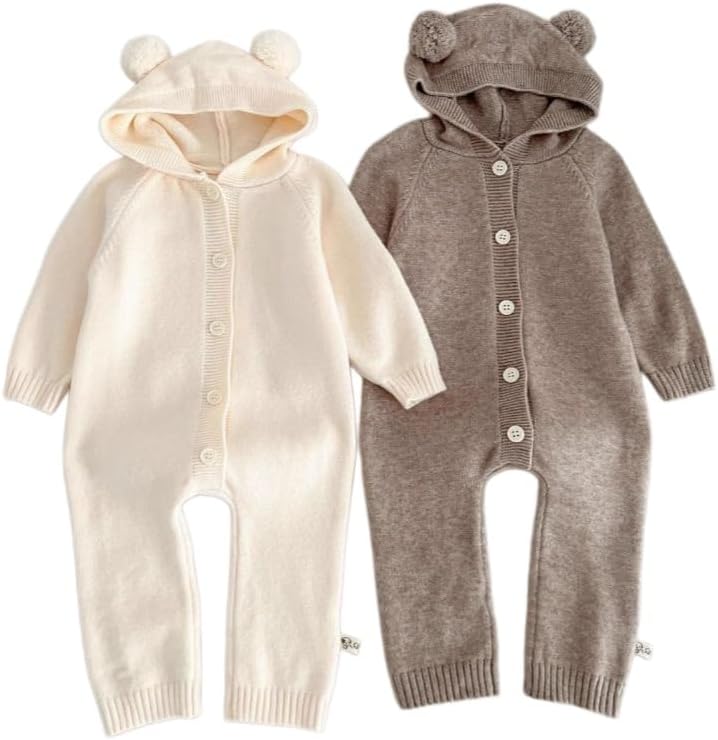YA8649 Baby Knit Hooded Romper with Pom Poms, Long Sleeve Bodysuit for Boys and Girls, Autumn Clothing