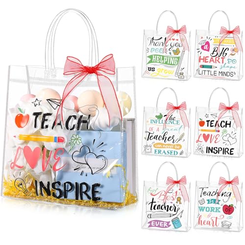 Blosssound 30 Pcs Teacher Appreciation Gift Bags with Handles Clear PVC Teach Bags with Organza Ribbon Roll Reusable Plastic Gift Pouches for Teachers' Day Graduation Retirement Xmas