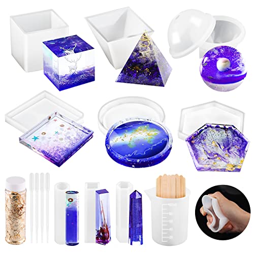 OSELEE Lot de 21 moules en résine époxy pour débutants - Pour débutants - Fabrication de bijoux/bougies/savon - Comprend des sous-verres, des cubes, des pyramides, des sphères, des pendentifs, etc