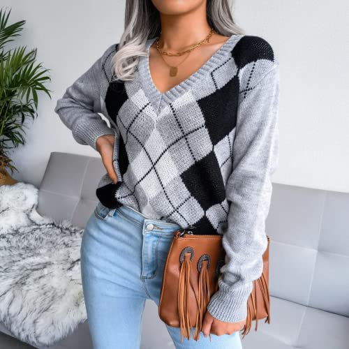 Image of Women's Argyle Plaid Sweater Vest V Neck Sleeveless Preppy Style Knitwear
