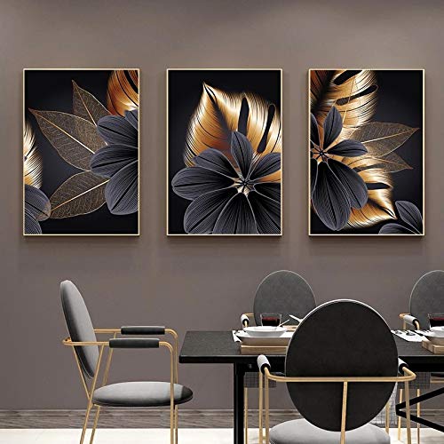 Peinture nordique moderne art abstrait noir doré set de 3 toiles 60x90cm