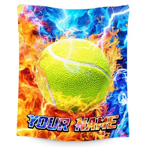 Blanket for Boys Player - Customize Tennis Ball Gifts - Comfy Cozy Fleece Throws for Team 4 Sizes