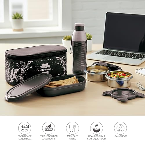 Image of CELLO Gemini Lunch Box Gift Set of 3 Pieces with Bag for Office Use Black | 300ml x 2 Steel Round Containers, 500ml x 1 Oval Container with 600 ml Water Bottle, Leak Proof Tiffin Set for School Travel