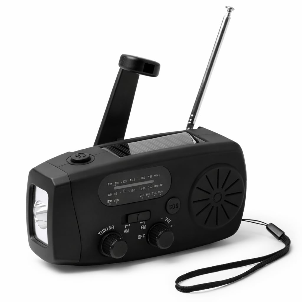 Radio de Emergencia Solar con Manivela, Dinamo y Powerbank 2000mAh – Linterna LED, Sirena SOS, Am/FM, Entrada USB y Salida Tipo C, Radio Supervivencia Multifunción (Negro)