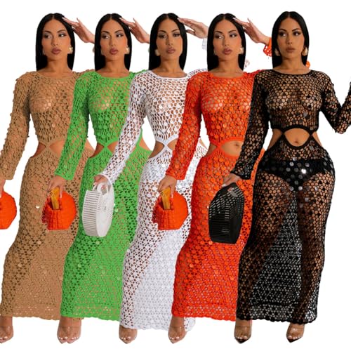 RanRui Women Sexy Long Sleeve Sequin Crochet Maxi Dress Cold Tummy Beach Cover Handmade Knitted Hollow Sequin Beach Dress3