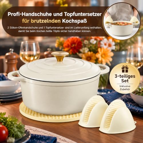 Nilpferd Gusseisen Topf Schmortopf Emaille Bräter, Cremeweiß, 28cm/6,5L – Ansicht 4