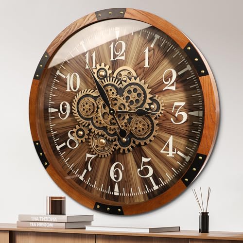 TOKTEKK 27 inch Large Real Moving Gears Wall Clocks for Living Room Decor