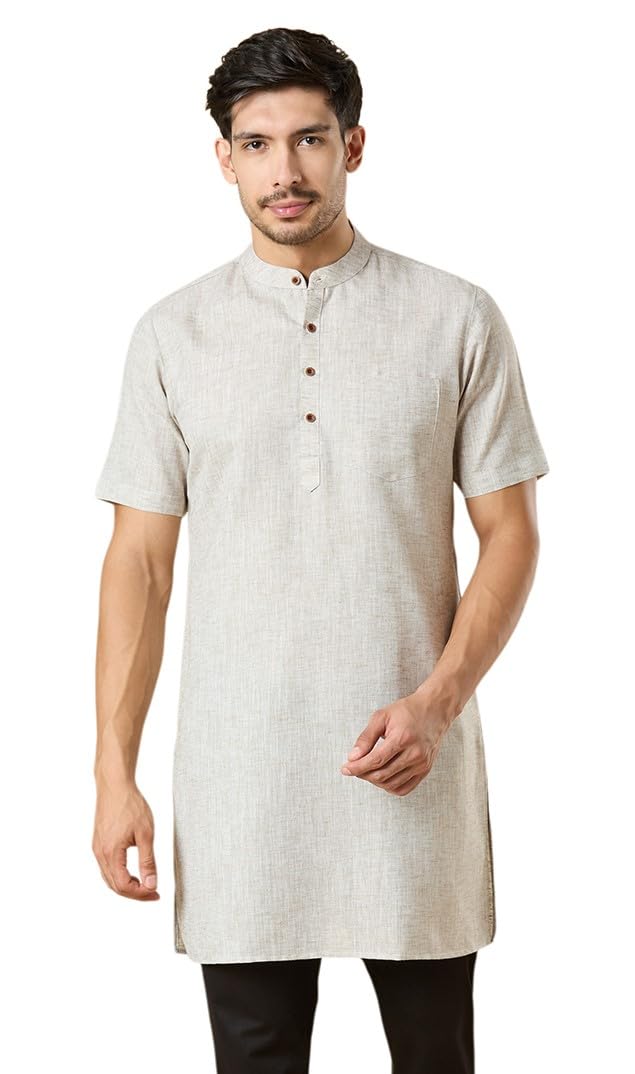 studio shringaar Men's Cotton Linen Blend Mid-Length Kurta with Short Sleeves & 3 Pockets-picture-26