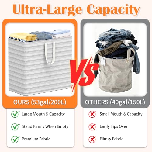 Image of XXXXXL 53gal(200L) Large Laundry Basket, Laundry Hamper 3 Section with Reinforced Handles, Waterproof Collapsible Clothes Hamper for Bedroom Laundry Room Dorm Bathroom
