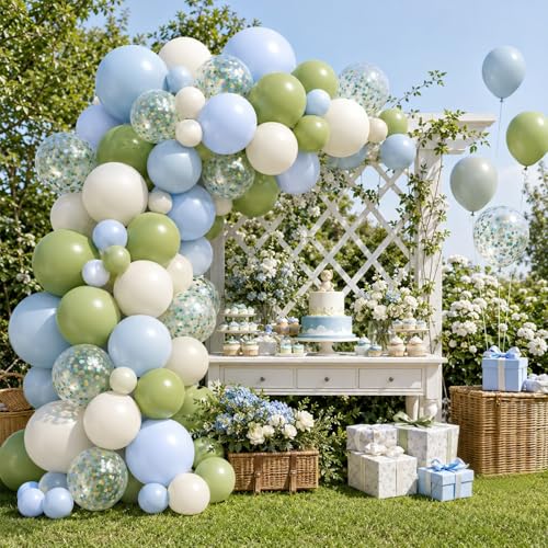Image of Blue Green Balloons, 60 Pcs 12 Inch Dusty Blue Sage Green Ivory White Pastel Blue Balloons with Gold Confetti for Baby Shower Birthday Party Decorations