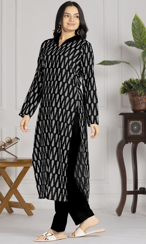 Image of 24 Carat Suit Women's Rayon Blend Straight Kurta Pant Set with Full Sleeves Collared Neck Printed Pattern Regular Fit and Calf Length