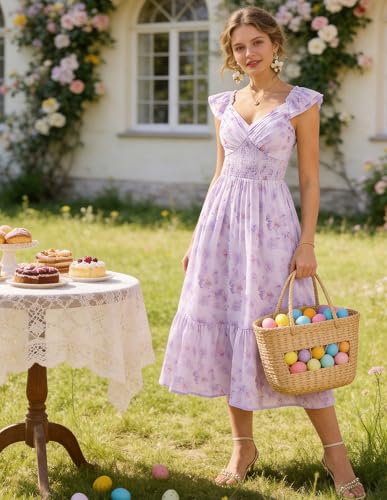 Image of GRACE KARIN Women's Summer Floral Maxi Dress 2026 Ruffle Sleeve Smocked Sundress Flowy Wedding Guest Long Dresses with Pocket