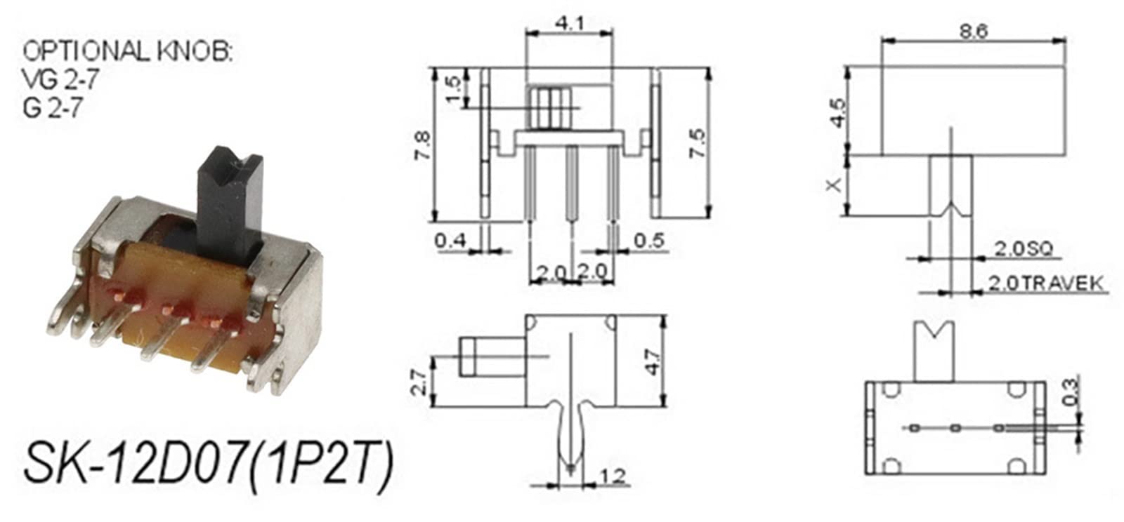 Interruptor de Palanca SK12D07, PCB de 3 Pines, 2 Posiciones, 1P2T, SPDT, SK12D07VG4, Altura del Mango, 4mm, Interruptor Deslizante en Miniatura, Perilla Lateral (Size : 10PCS)