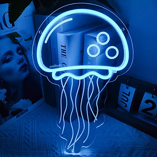 Image of welltodo Jellyfish Neon Signs,Cool Ice Blue Neon Sign for Wall Decor, LED Neon Light Sign for Girls Bedroom Ocean Display Room,Kids Birthday Gift, Wedding Party, Holiday Decoration Powered by USB
