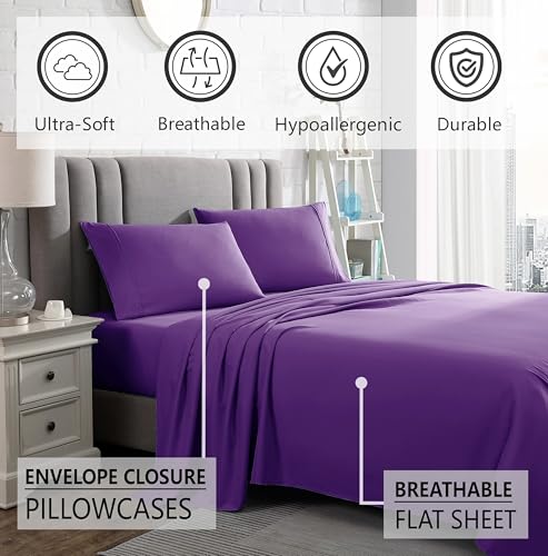 American Home Collection Twin Size Sheet Set - 16-Inch Deep Pocket - Ultra Soft Microfiber Bed Sheets - Breathable, Wrinkle Free, Easy Care - Oeko-Tex Certified (Twin, Purple)