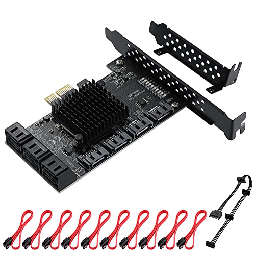 Mzhou 10-Port SATA III PCIe Expansion Card - ASM1166 Chipset (6Gbps per Port) - PCIe x1 to 10x SATA 3.0 Adapter - Supports Hot Swap - Plug & Play -for Desktop PC, NAS, Server (No Driver Required)