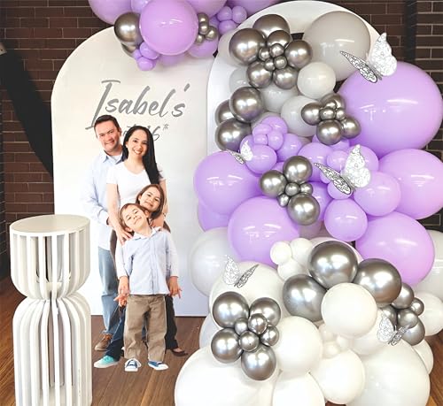 Image of Balloon Garland kit, pack of 63 pcs, Purple and silver chrome balloons with Paper butterfly for party decoratiom, home decoration items