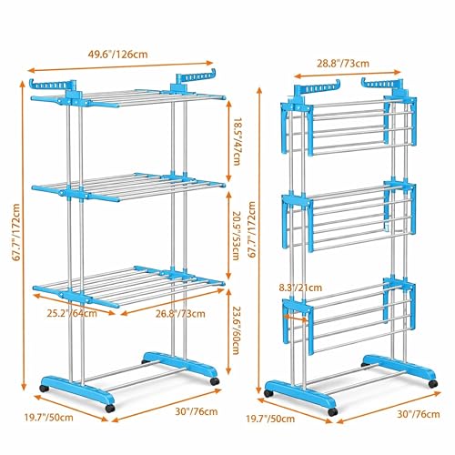 Image of JIALTO Foldable Clothes Drying Stand with Wheels, 3 Layer Heavy Duty Stainless Steel Cloth Dryer Stand, Multi Tier Big Size Garment Dryer for Bedroom, Balcony & Outdoor Use