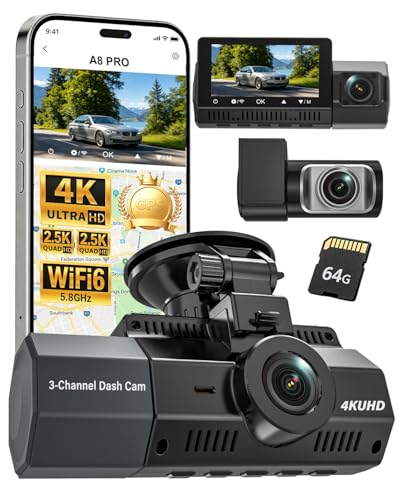 Image of 4K+2.5K+2.5K Dash Cam, IMX675 STARVIS 2 Dash Camera 3-Channel, Free 64GB Card, Dashcam with 5G WiFi GPS, G-Sensor,Loop Recording, HDR, 24H Parking Monitor, Car Dash Cam for Rideshare & Taxi