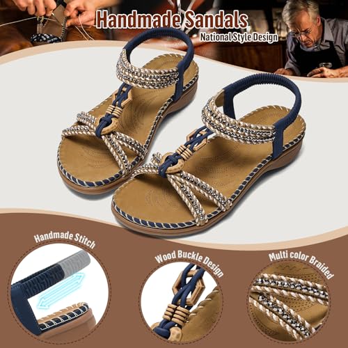 Littleplum Womens Sandals Arch Support Summer Flat Slides Ankle Elastic Walking Shoes Braided Beach Dressy Sandals for Women