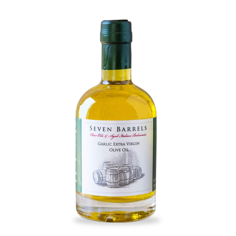 Seven Barrels - Garlic Extra Virgin Olive Oil | 12.7 Ounces | Cold Pressed EVOO Infused with Garlic | Great for Salad Dressings, Dipping Bread, and Pairing with our Balasmic Vinegars!