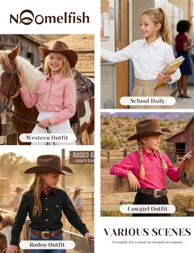 Image of Noomelfish Girls Long Sleeve Western Pearl Snap Button Down Shirt Cowgirl Outfits Blouse Tops (5-14 Years)