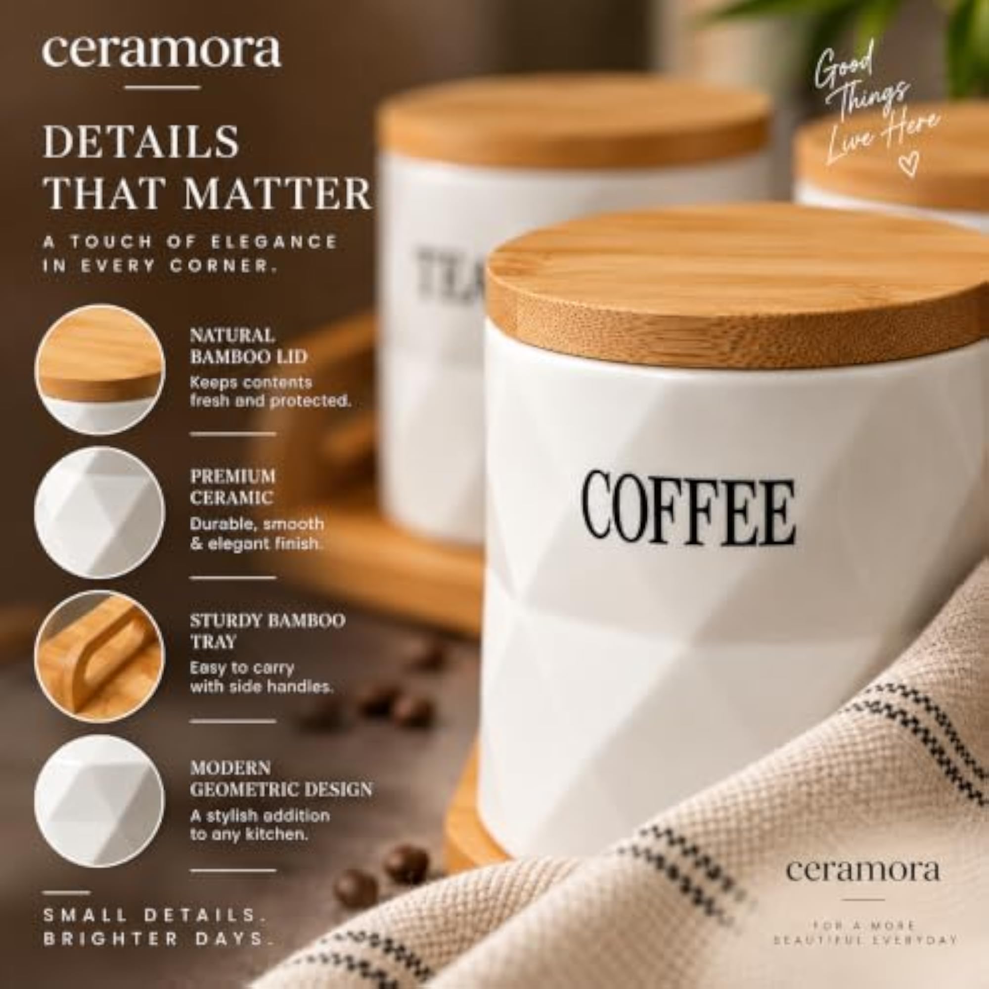 Ceramic Tea Coffee Sugar Jar Set with Bamboo Lids